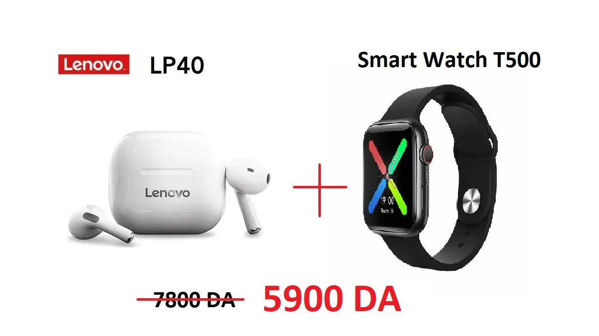 Smartwatch Multifonction T500 Pour Android IOS Phone + Écouteurs Sans Fil Bluetooth 5.0 Lenovo LP40 Souqqy